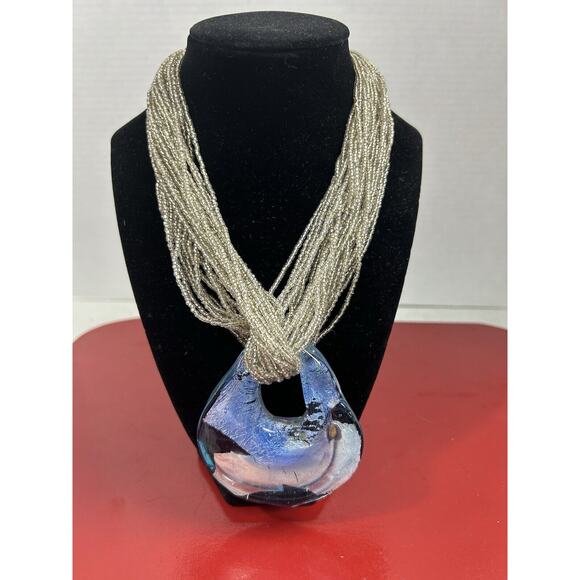 Seed Bead Multistrand Necklace Knot Clear Heavy Chunk Teardrop Pendant Statement